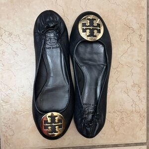 Tory Burch Reva Black Flats with Gold Emblem
